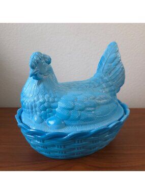 Vintage Heisey HEN ON A NEST Chicken Blue Slag Glass Lidded Covered Dish
